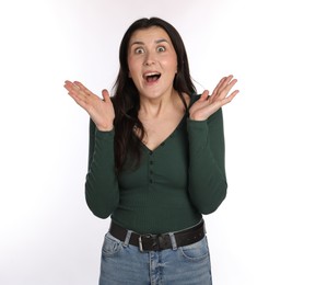 Photo of Portrait of surprised woman on white background
