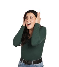 Photo of Portrait of surprised woman on white background