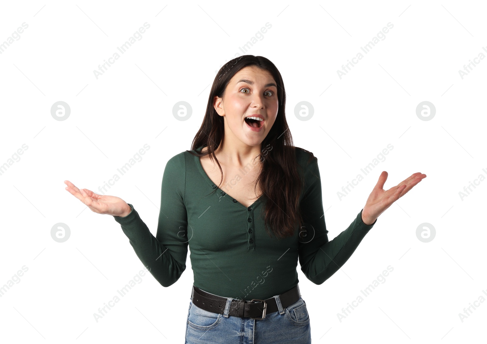 Portrait of surprised woman on white background Photo of Portrait of surprised woman on white background