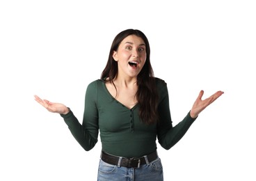 Photo of Portrait of surprised woman on white background