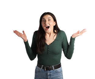 Photo of Portrait of surprised woman on white background