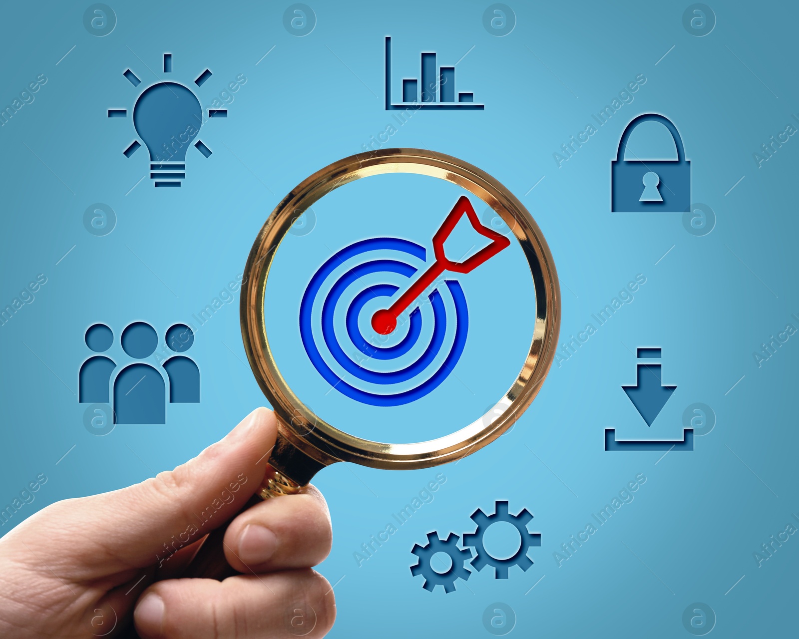 Image of Woman holding magnifying glass with target and arrow inside against blue background, closeup. Different icons around