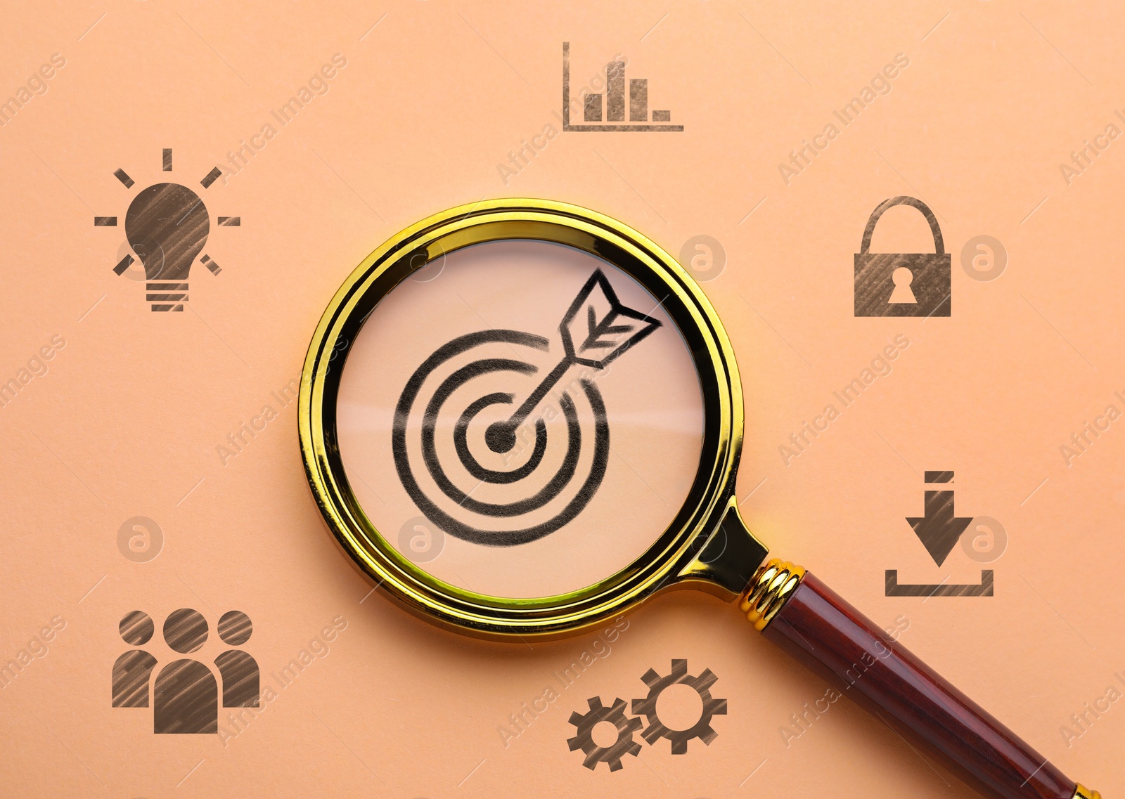 Magnifying glass over target with arrow on pink beige background, top view. Different icons around Image of Magnifying glass over target with arrow on pink beige background, top view. Different icons around