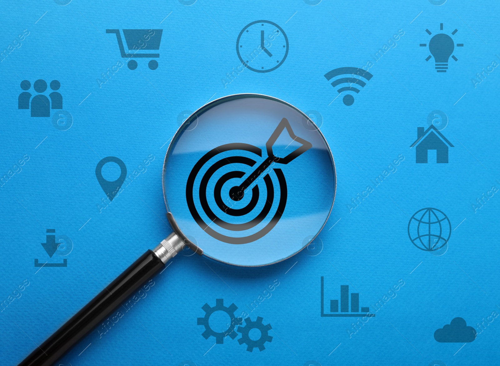 Magnifying glass over target with arrow on blue background, top view. Different icons around Image of Magnifying glass over target with arrow on blue background, top view. Different icons around