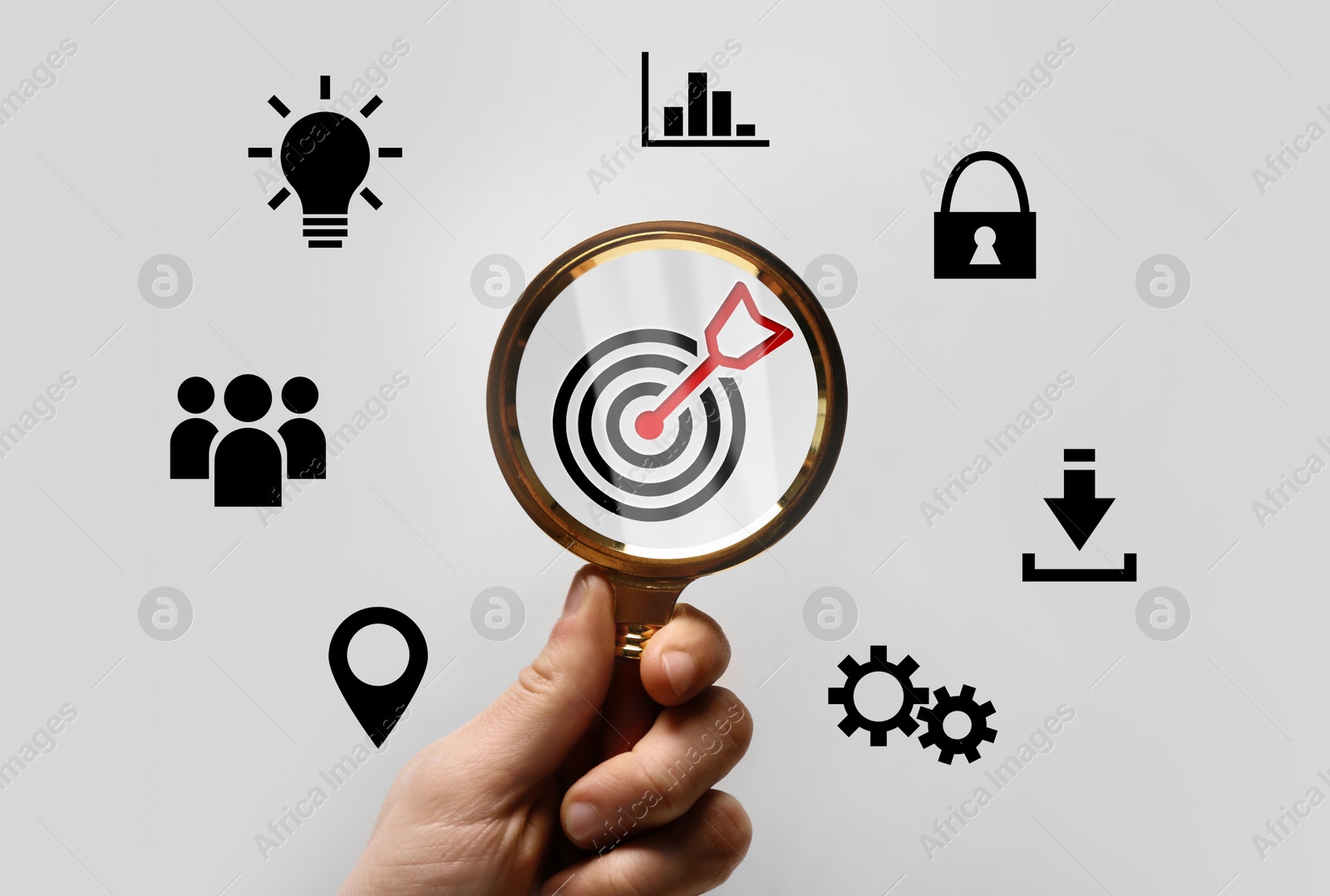 Woman holding magnifying glass with target and arrow inside against white background, closeup. Different icons around Image of Woman holding magnifying glass with target and arrow inside against white background, closeup. Different icons around