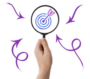 Image of Woman holding magnifying glass with target inside against white background, closeup. Arrows pointing at magnifier