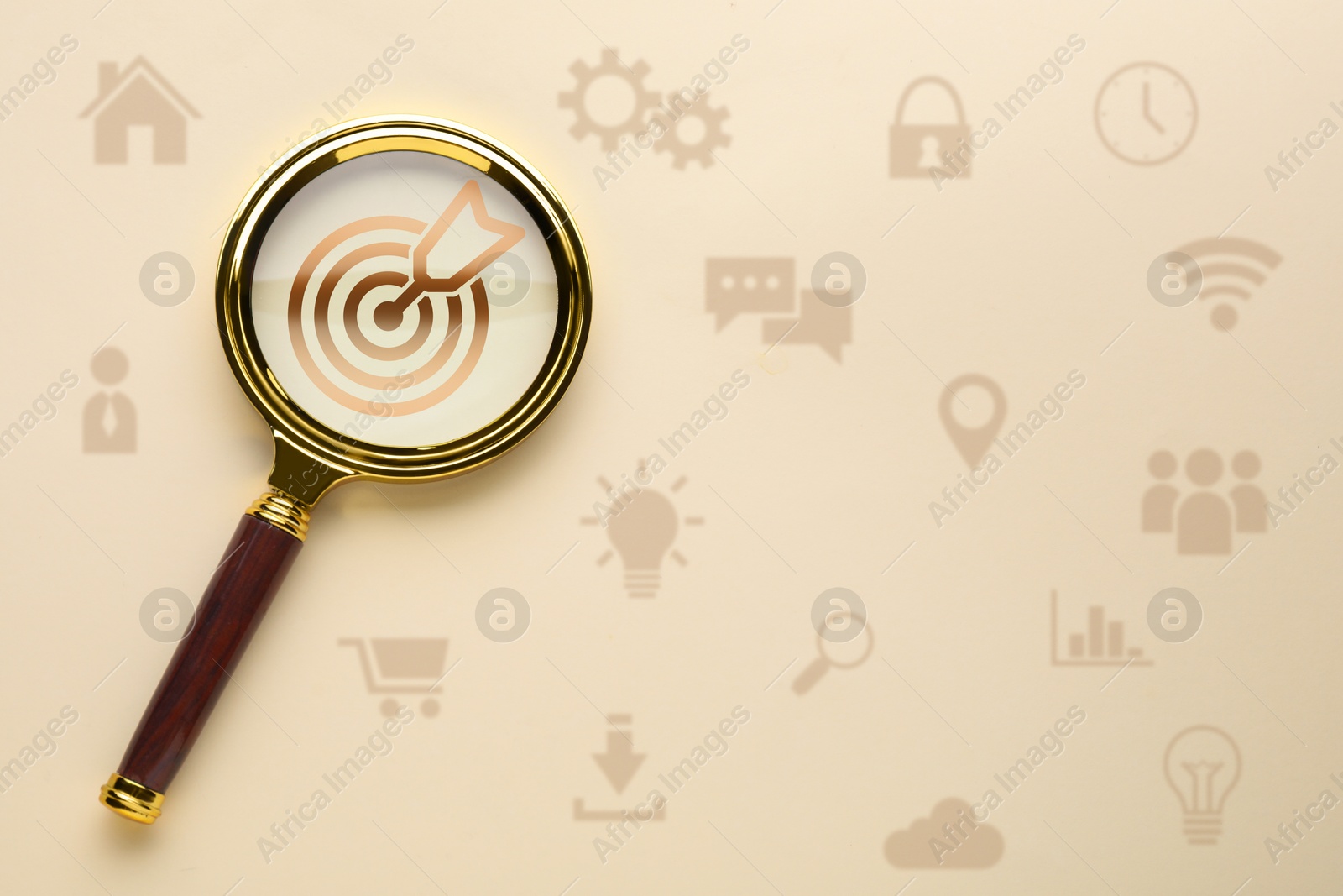 Magnifying glass over target with arrow on beige background, top view. Different icons around Image of Magnifying glass over target with arrow on beige background, top view. Different icons around