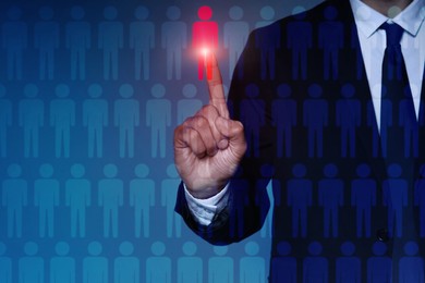 Image of Dismissal. Businessman choosing human figure on virtual screen against blue background, closeup