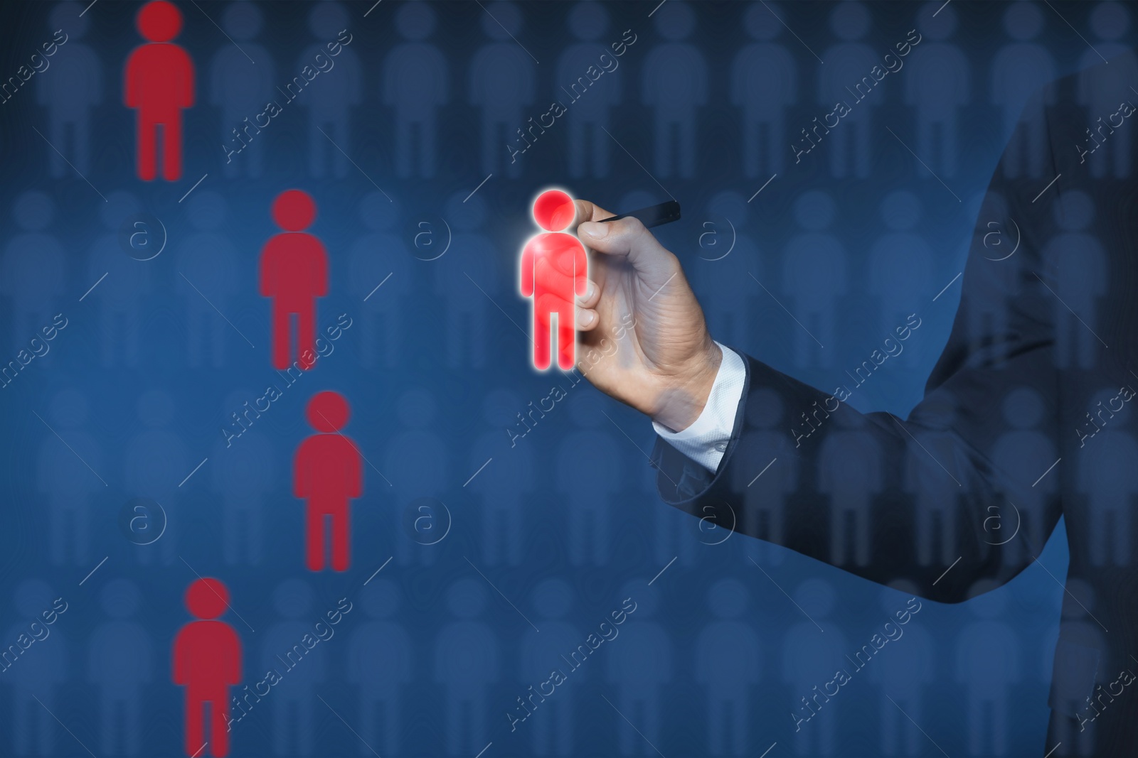 Dismissal. Businessman choosing human figures on virtual screen against dark blue background, closeup Image of Dismissal. Businessman choosing human figures on virtual screen against dark blue background, closeup