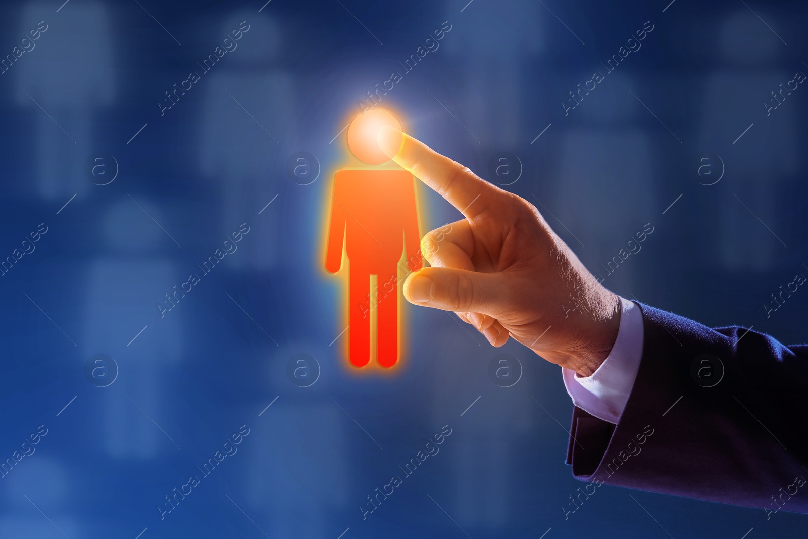 Image of Dismissal. Businessman choosing human figure on virtual screen against dark blue background, closeup