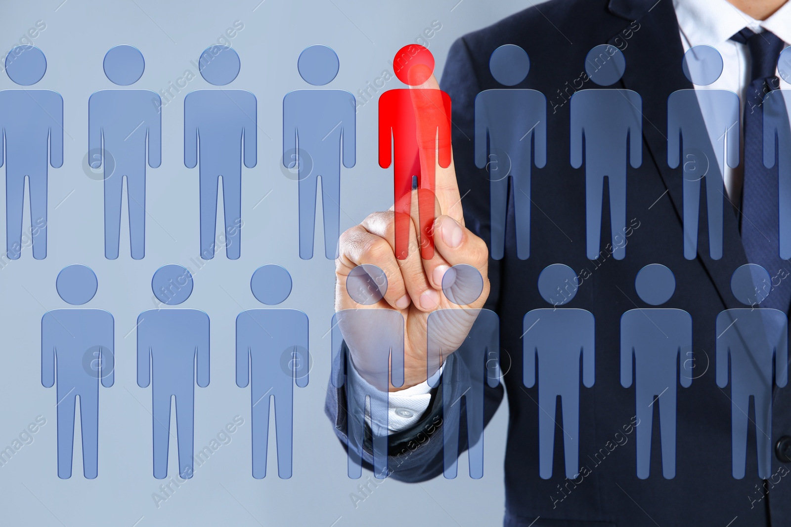 Dismissal. Businessman choosing human figure on virtual screen against grey background, closeup Image of Dismissal. Businessman choosing human figure on virtual screen against grey background, closeup