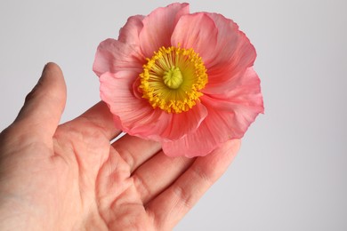 Photo of Woman with beautiful poppy flower on grey background, closeup