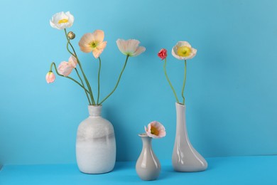 Photo of Beautiful poppy flowers in vases on light blue background, closeup