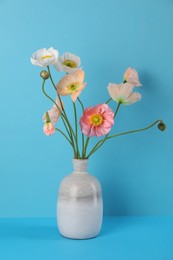 Photo of Beautiful poppy flowers in vase on light blue background