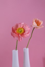 Photo of Beautiful poppy flowers in vases on pink background, closeup