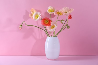 Photo of Beautiful poppy flowers in vase on pink background, closeup