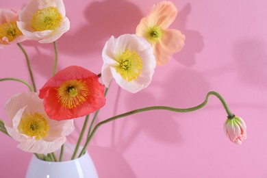 Photo of Beautiful poppy flowers in vase on pink background, closeup