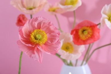 Photo of Beautiful poppy flowers on pink background, closeup