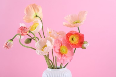 Photo of Beautiful poppy flowers in vase on pink background, closeup