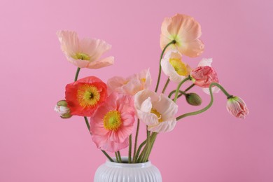 Photo of Beautiful poppy flowers in vase on pink background, closeup