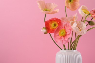 Photo of Beautiful poppy flowers in vase on pink background, closeup. Space for text
