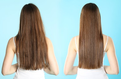 Image of Hair combing, straightening. Woman showing hairstyle before and after different procedures on light blue background, back view. Collage with photos