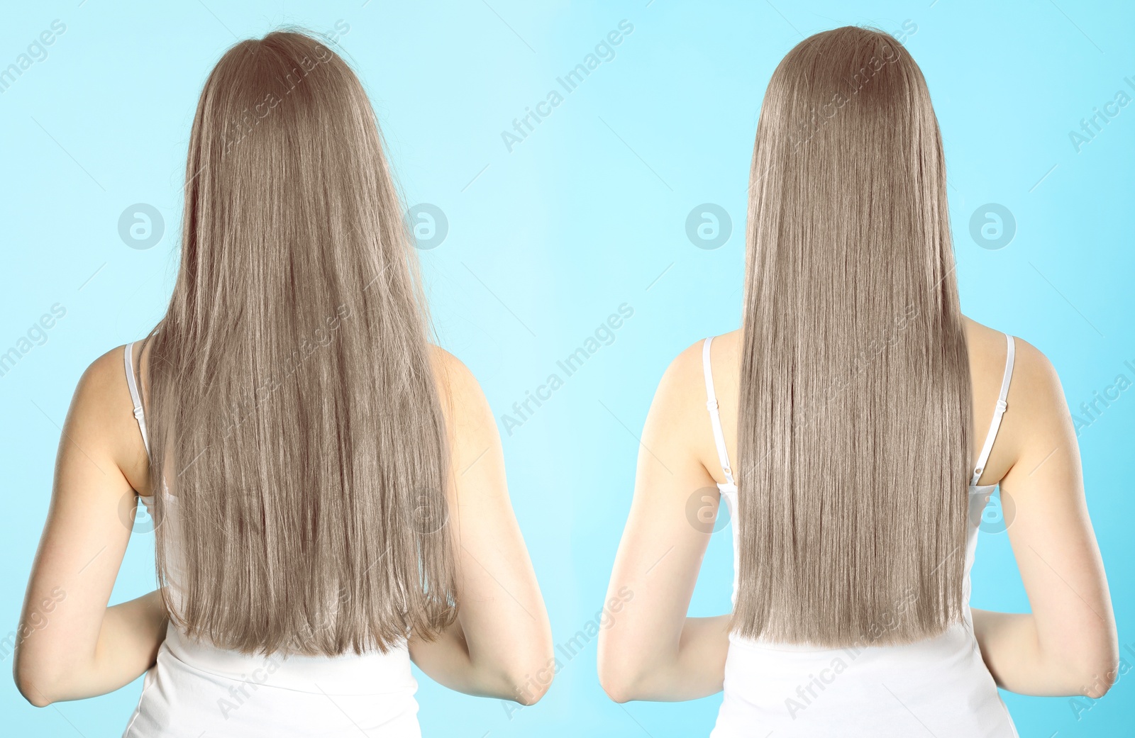 Image of Hair combing, straightening. Woman showing hairstyle before and after different procedures on light blue background, back view. Collage with photos