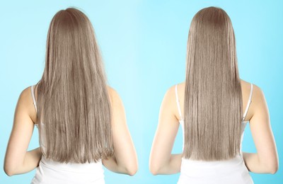 Image of Hair combing, straightening. Woman showing hairstyle before and after different procedures on light blue background, back view. Collage with photos