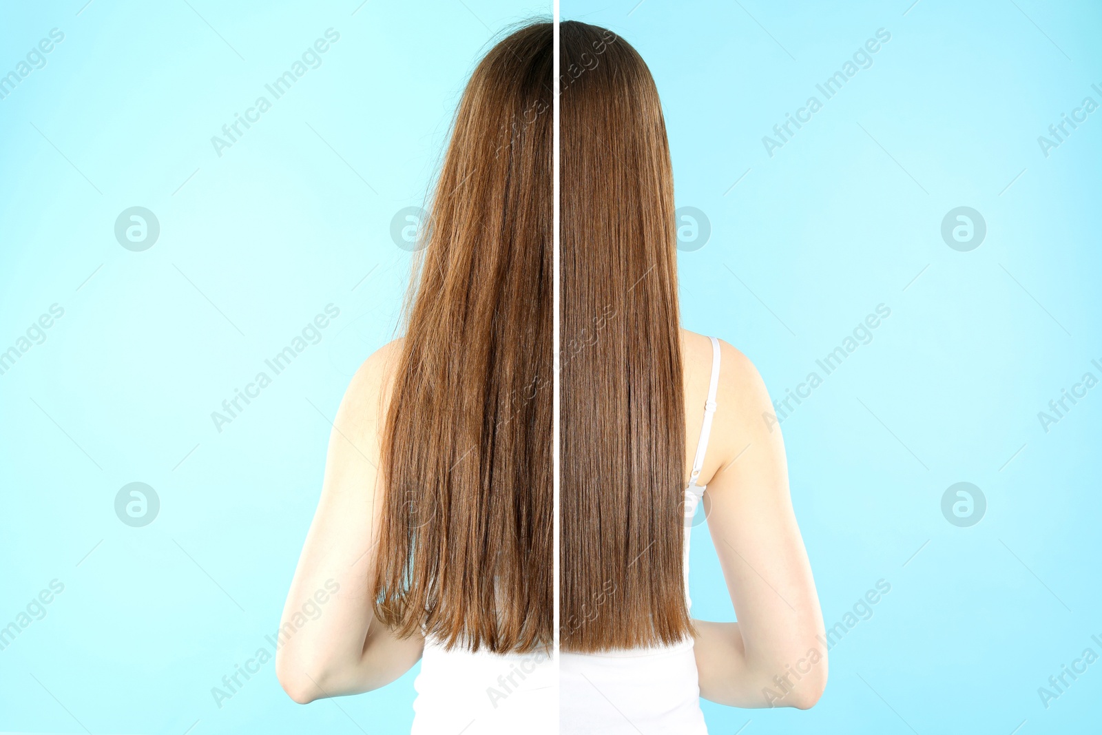 Image of Hair combing, straightening. Woman showing hairstyle before and after different procedures on light blue background, back view. Photo divided in halves