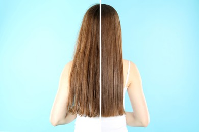 Image of Hair combing, straightening. Woman showing hairstyle before and after different procedures on light blue background, back view. Photo divided in halves