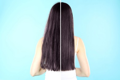 Image of Hair combing, straightening. Woman showing hairstyle before and after different procedures on light blue background, back view. Photo divided in halves