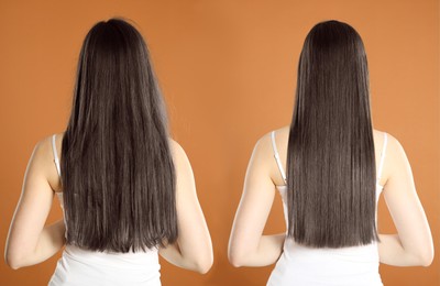 Image of Hair combing, straightening. Woman showing hairstyle before and after different procedures on brown background, back view. Collage of photos