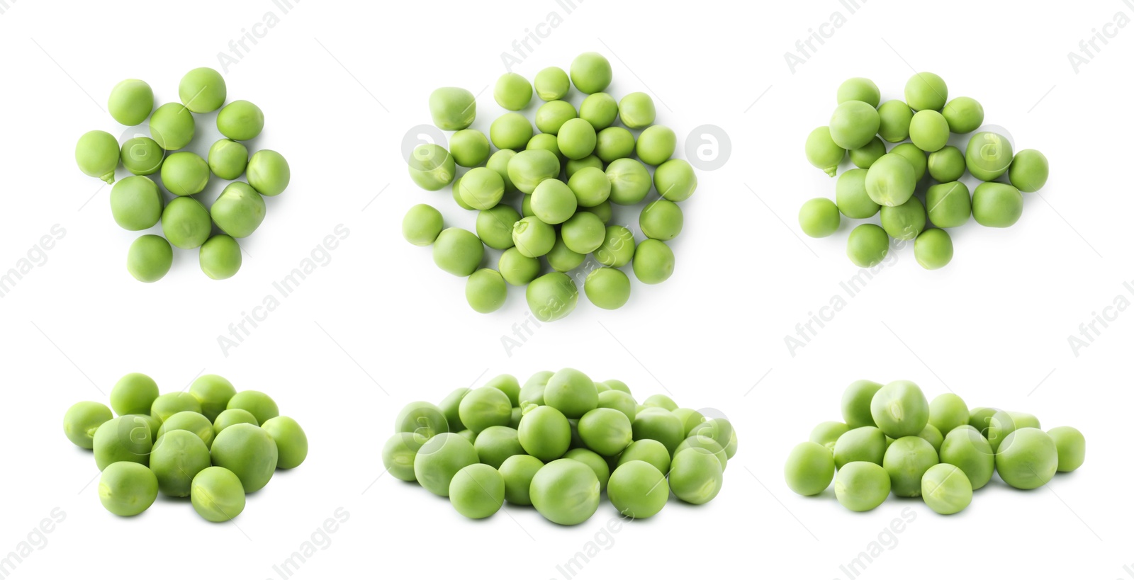Fresh green peas isolated on white, collage. Top and side view Image of Fresh green peas isolated on white, collage. Top and side view