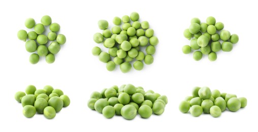 Image of Fresh green peas isolated on white, collage. Top and side view