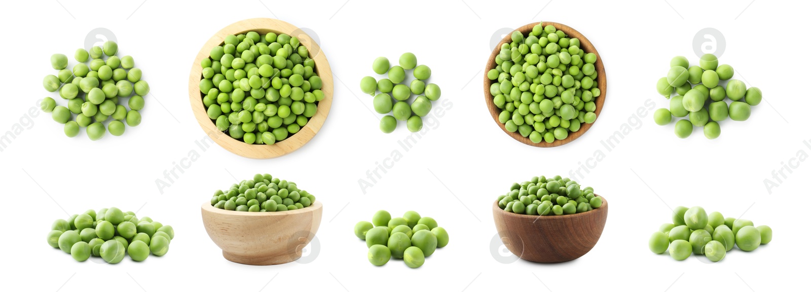Fresh green peas isolated on white, collage. Top and side view Image of Fresh green peas isolated on white, collage. Top and side view