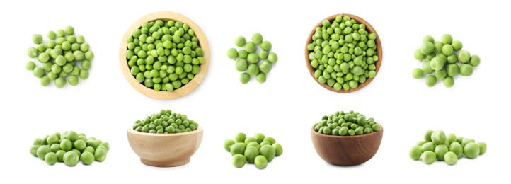 Image of Fresh green peas isolated on white, collage. Top and side view