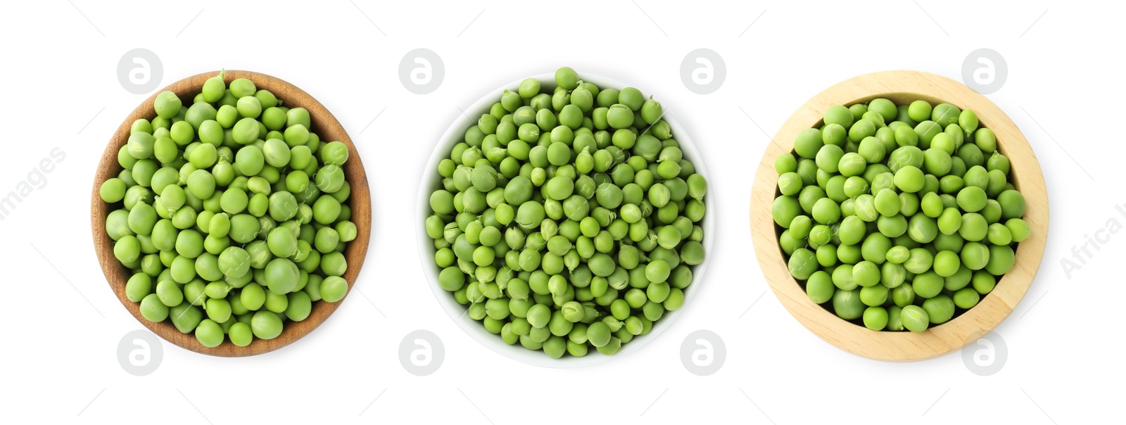 Fresh green peas in bowls isolated on white, set. Top view Image of Fresh green peas in bowls isolated on white, set. Top view