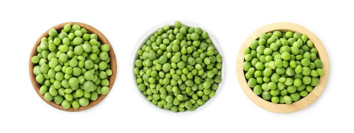 Image of Fresh green peas in bowls isolated on white, set. Top view