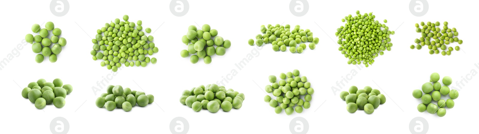 Fresh green peas isolated on white, collage. Top and side view Image of Fresh green peas isolated on white, collage. Top and side view