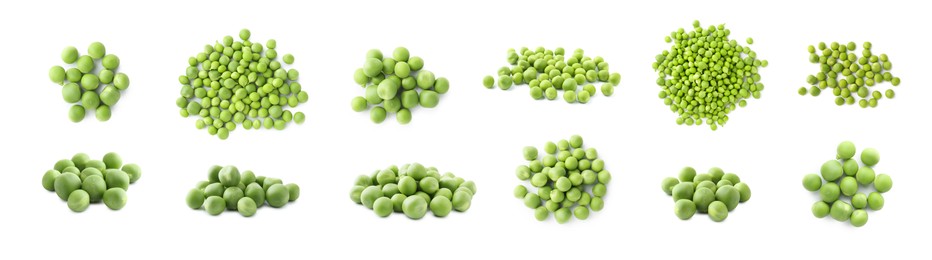 Image of Fresh green peas isolated on white, collage. Top and side view