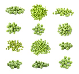 Image of Fresh green peas isolated on white, collage. Top and side view
