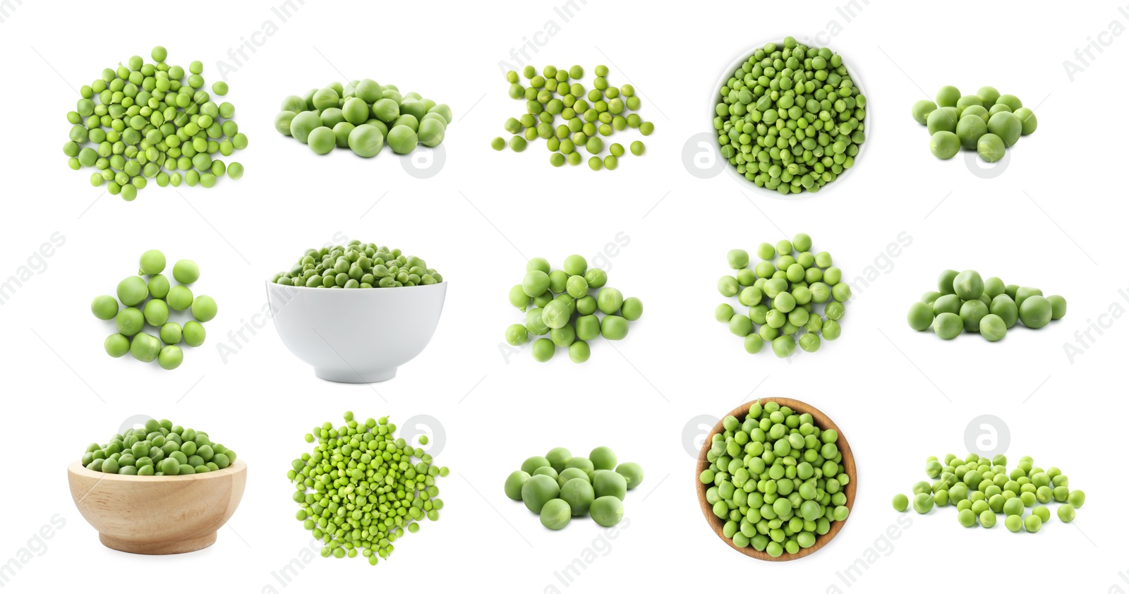 Fresh green peas isolated on white, collage. Top and side view Image of Fresh green peas isolated on white, collage. Top and side view