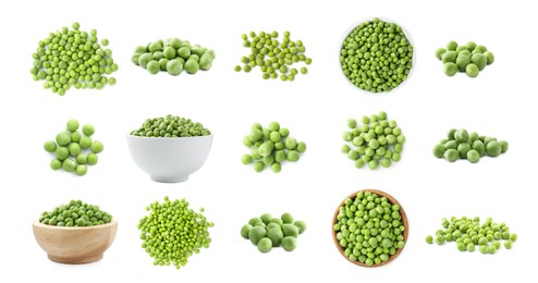 Image of Fresh green peas isolated on white, collage. Top and side view