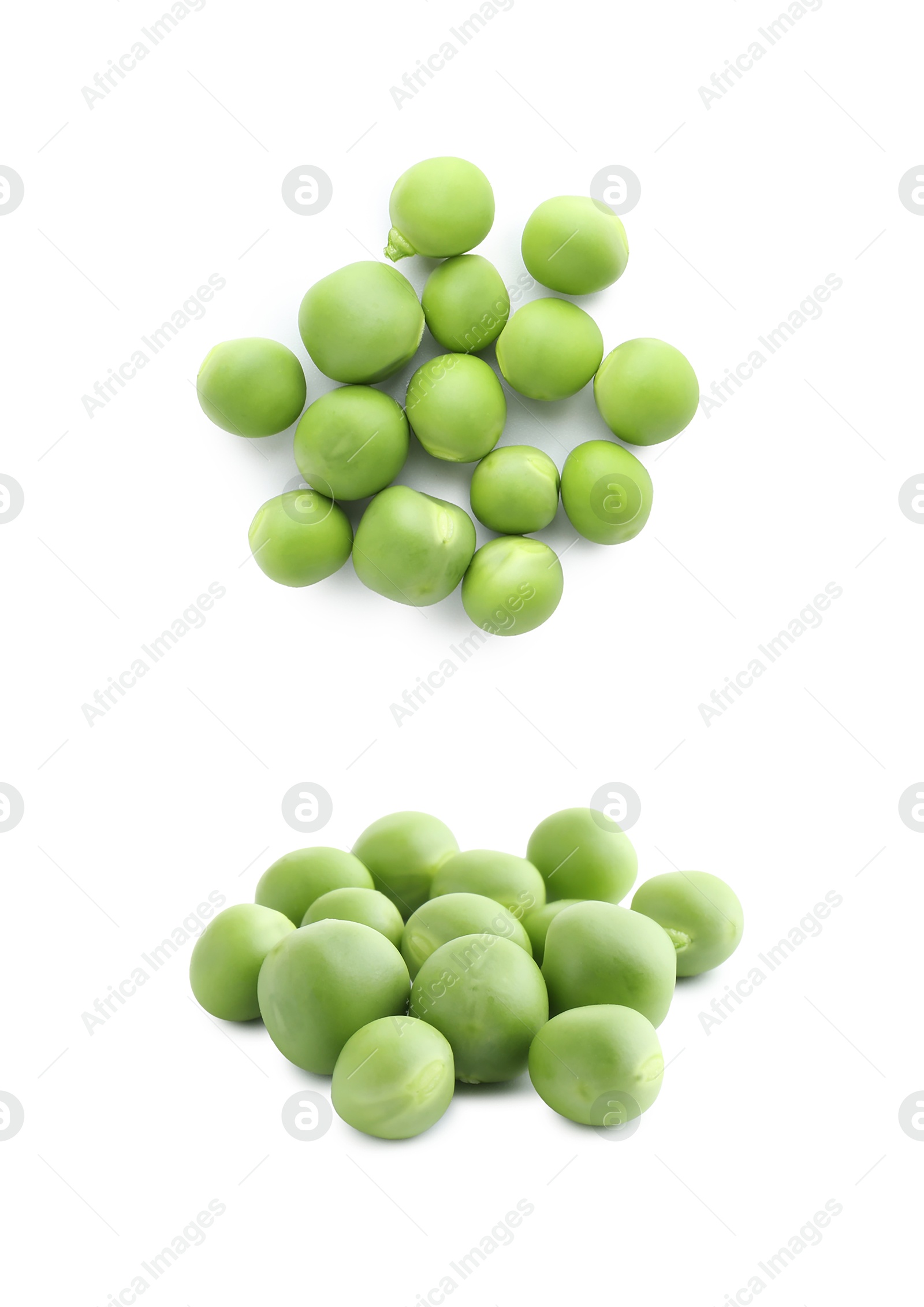 Fresh green peas isolated on white, collage. Top and side view Image of Fresh green peas isolated on white, collage. Top and side view