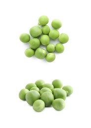 Image of Fresh green peas isolated on white, collage. Top and side view