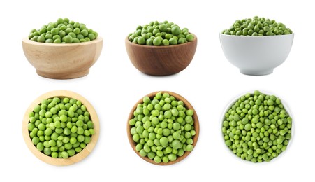 Image of Fresh green peas in bowls isolated on white, collage. Top and side view