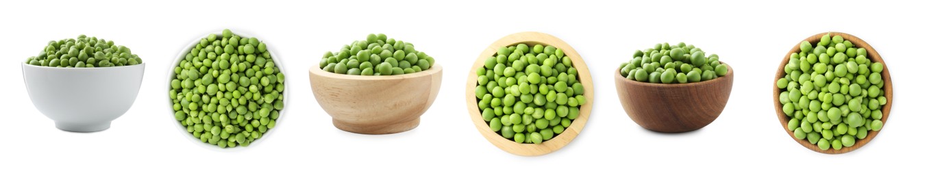 Image of Fresh green peas in bowls isolated on white, collage. Top and side view