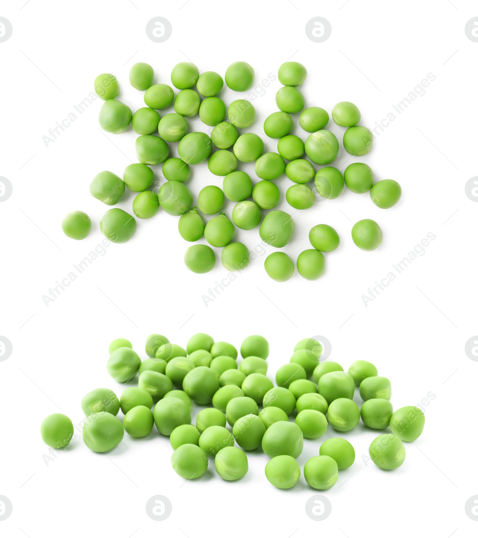 Fresh green peas isolated on white, collage. Top and side view Image of Fresh green peas isolated on white, collage. Top and side view