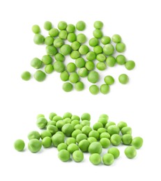 Image of Fresh green peas isolated on white, collage. Top and side view