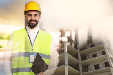 Image of Engineer with clipboard and unfinished building, double exposure